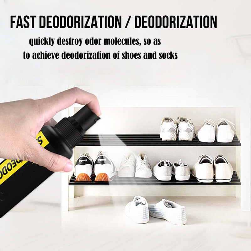 Person using a deodorization device on a shelf with shoes and socks below.