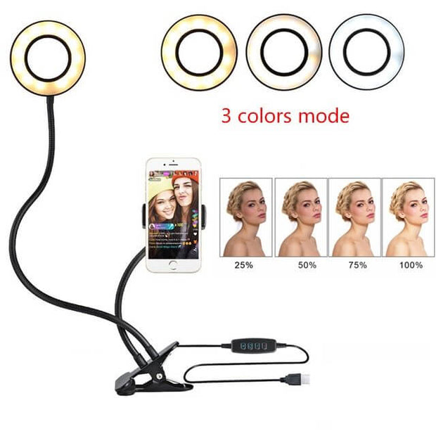 Smartphone with ring light and adjustable stand on a white background