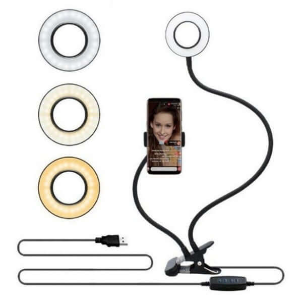 Phone holder with selfie light and USB cable on a white background