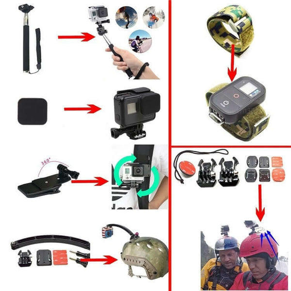Collection of GoPro accessories including a selfie stick, mount, and helmet attachment on a white background.