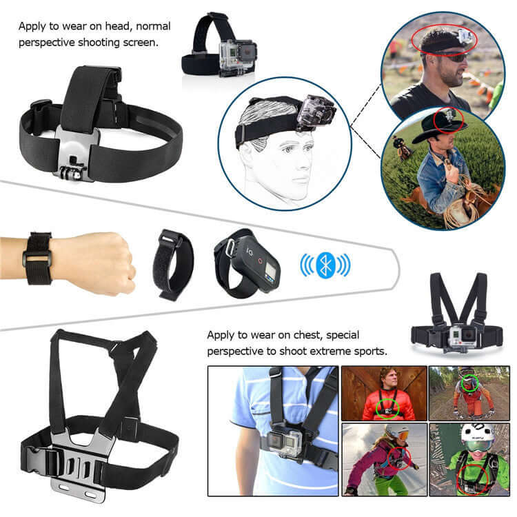 Various head and chest mount accessories for action cameras with usage examples.