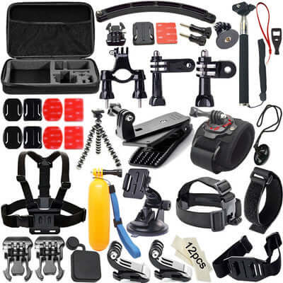 Collection of various accessories for action cameras including mounts, straps, and a small yellow bottle.