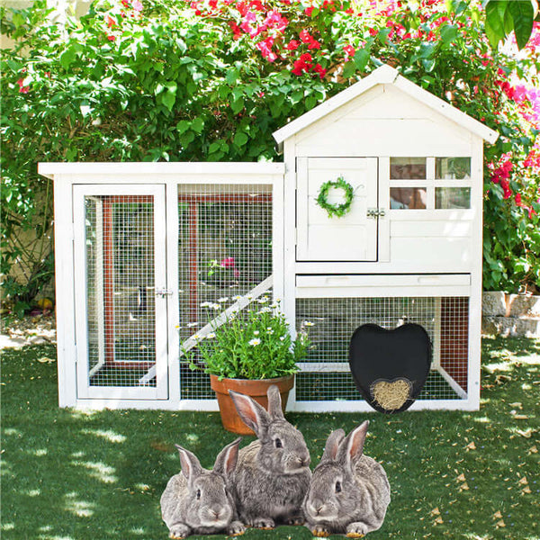 White rabbit hutch with a wreath and heart-shaped door sign, surrounded by greenery and three rabbits.