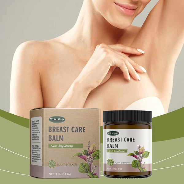 Wood Soap Breast Care Balm packaging with a woman touching her arm on a gradient background