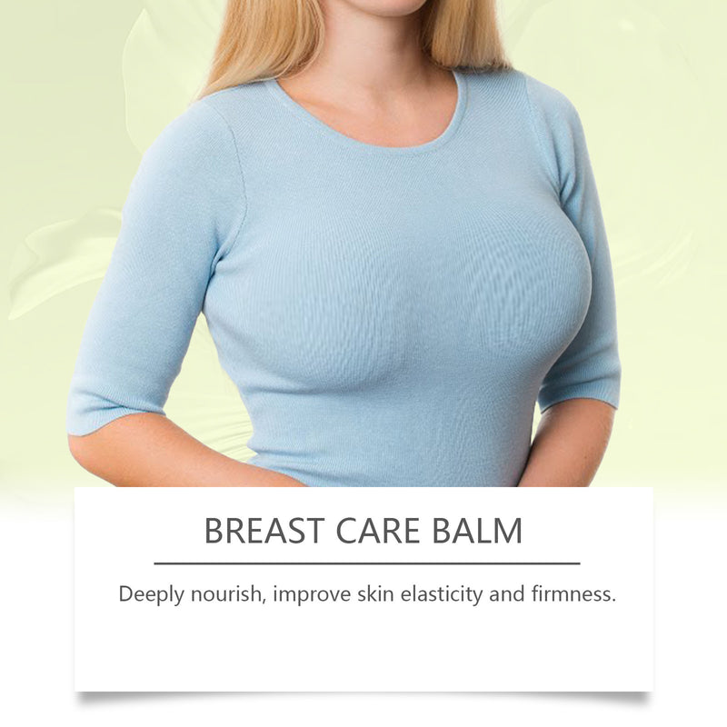 Woman wearing a light blue top with text about breast care balm on a yellow background