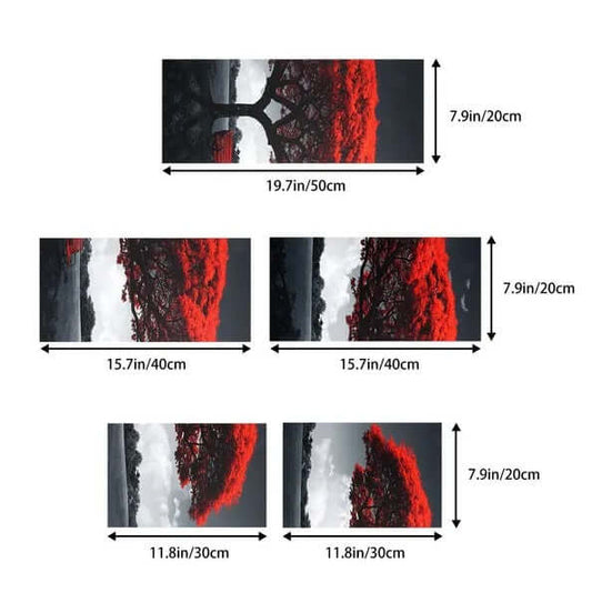 Set of red and black abstract art panels with measurements on a white background