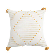 Decorative pillow with yellow patterns and tassels on a white background