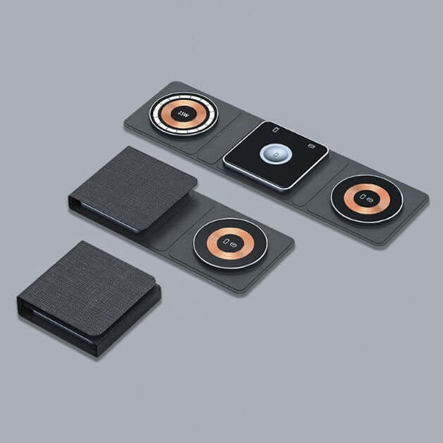 Set of wireless charging pads and phone stands on a gray background