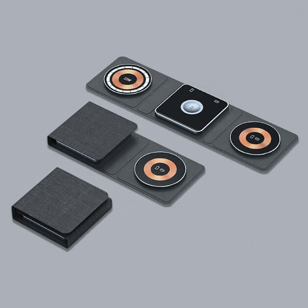 Set of wireless charging pads and phone stands on a gray background