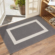 Gray doormat with white border on wooden floor, leading to a glass door.