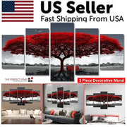 Five-piece decorative mural of a red tree with a bench, shown in various settings including a living room.