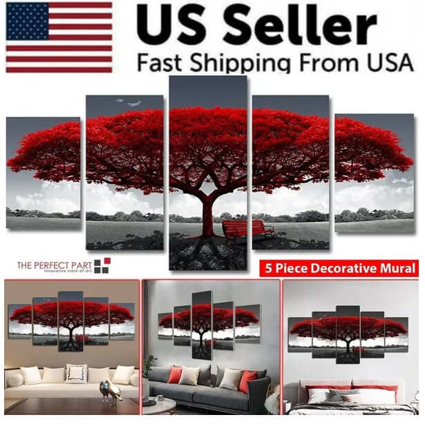 Five-piece decorative mural of a red tree with a bench, shown in various settings including a living room.