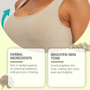 Woman wearing a beige tank top with text about herbal ingredients and skin tone benefits on a light green background.
