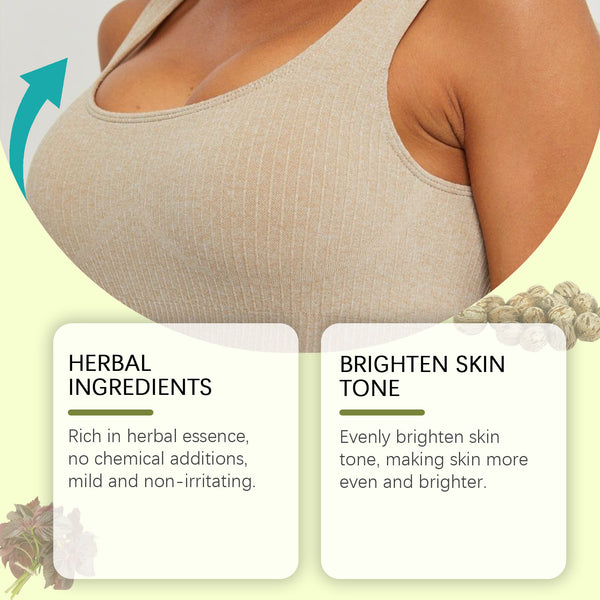Woman wearing a beige tank top with text about herbal ingredients and skin tone benefits on a light green background.