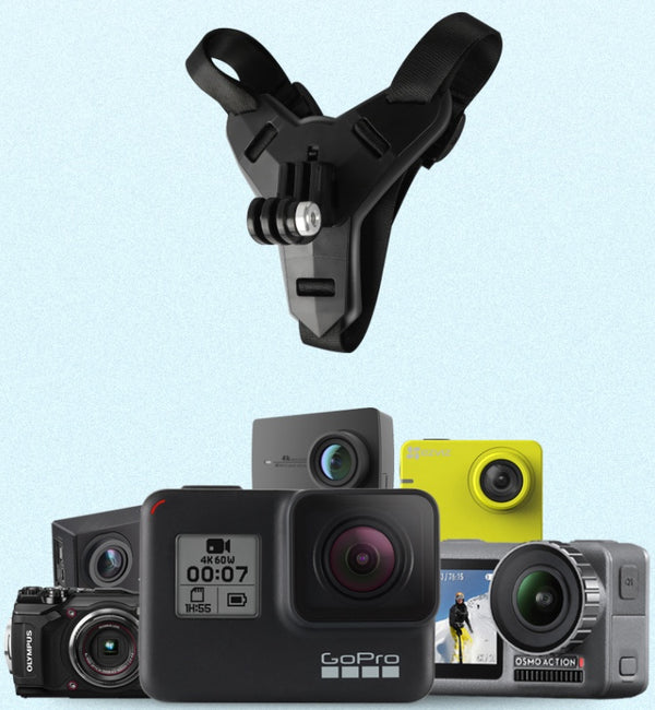 Collection of action cameras and a mount on a light blue background