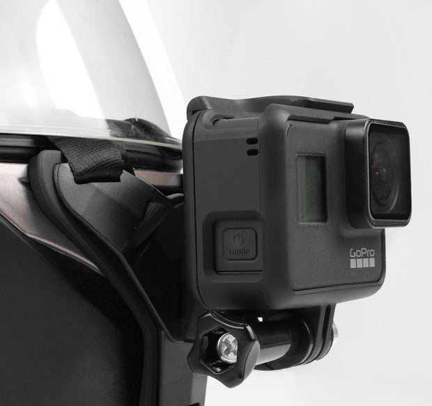 GoPro camera mounted on a helmet with a white background