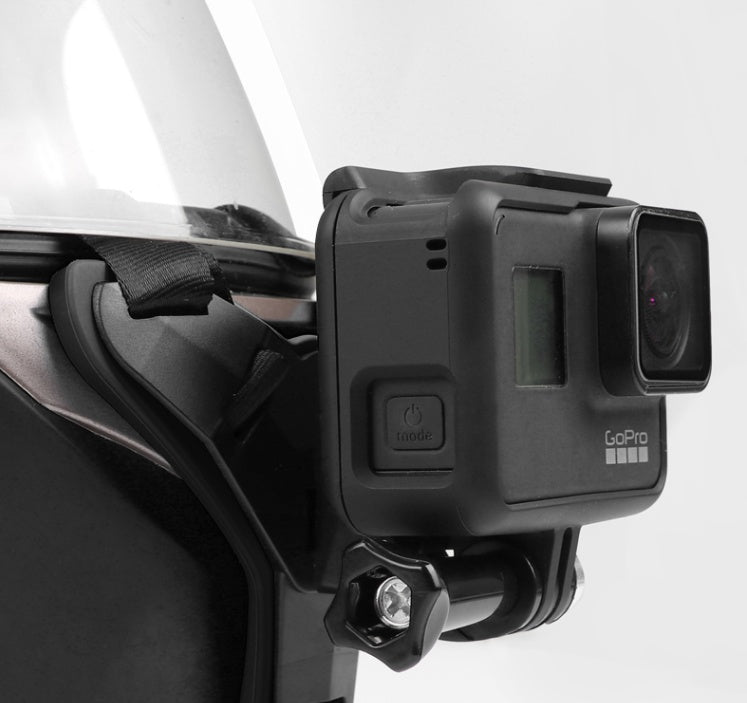 GoPro camera mounted on a helmet with a white background