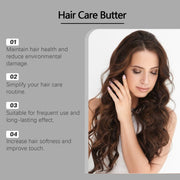 Advertisement for hair care butter with a woman touching her hair against a gray background.