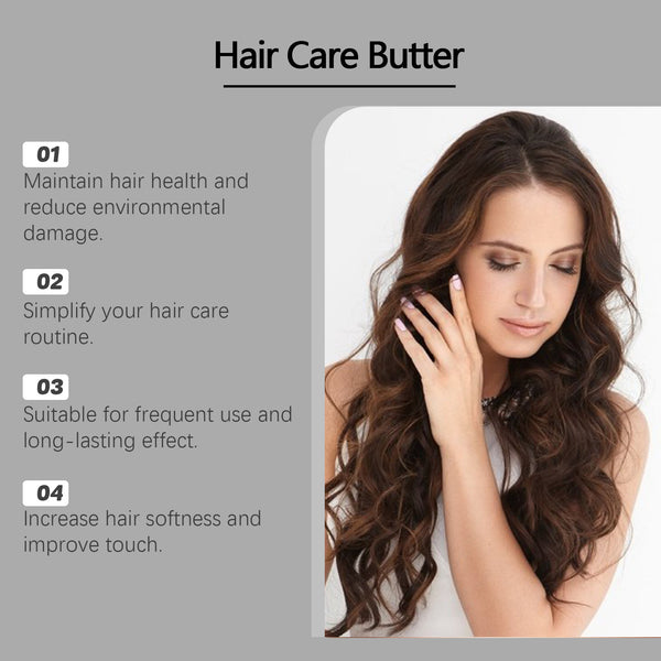 Advertisement for hair care butter with a woman touching her hair against a gray background.