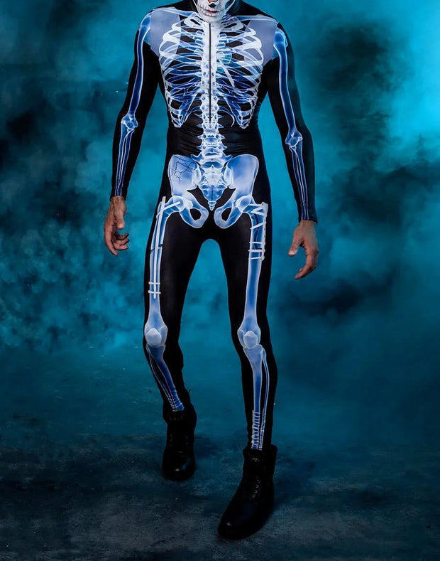 Person wearing a black bodysuit with X-ray effect on a dark blue background