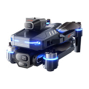 Black and blue drone with camera on a white background