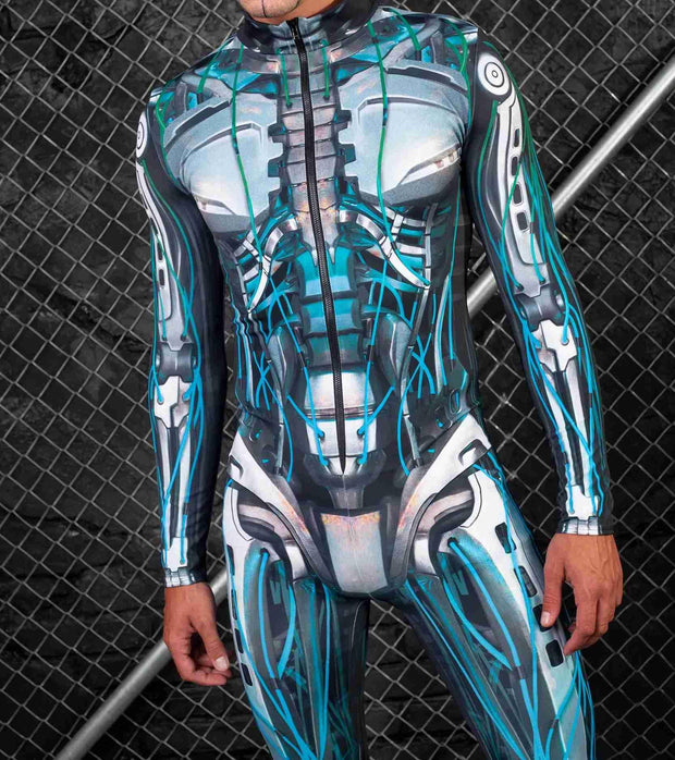 Person wearing a futuristic, blue and gray bodysuit with mechanical design on a black grid background.
