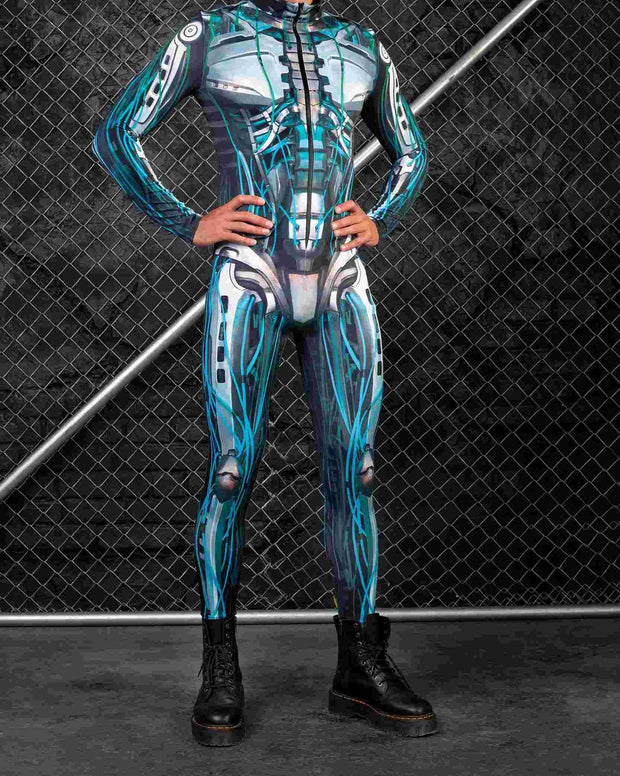 Person wearing a futuristic blue and black bodysuit with a chain-link fence background