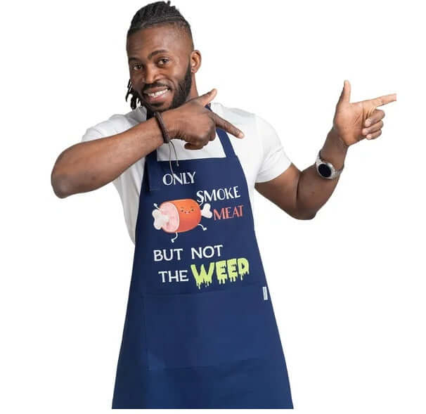 Person wearing a blue apron with text pointing at themselves, on a white background