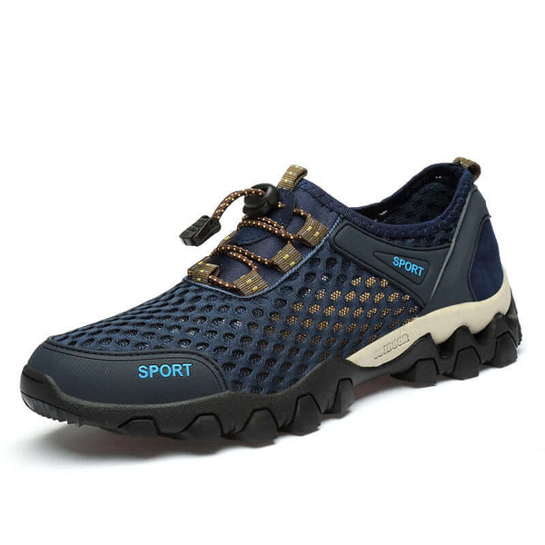Blue sports shoe with mesh design on a white background