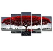 Five-panel canvas wall art of a red tree with a bench underneath on a white background.