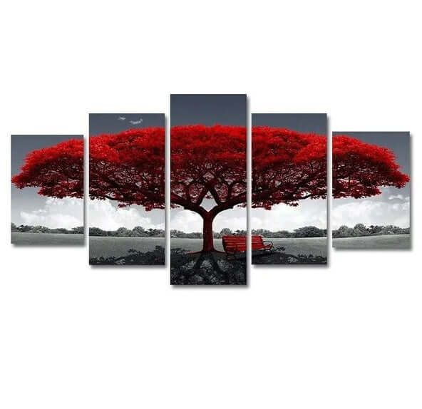 Five-panel canvas wall art of a red tree with a bench underneath on a white background.