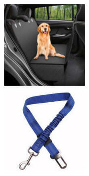 Dog sitting on a car seat cover with a blue dog leash in the foreground.