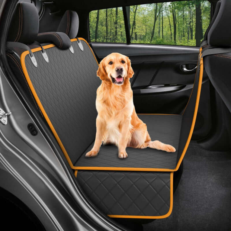 Dog sitting on a black car seat cover with orange trim in a vehicle.