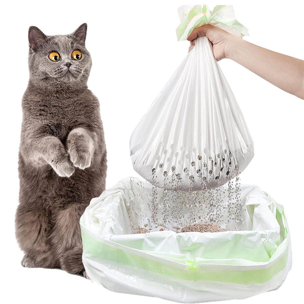 Cat reaching for a white plastic bag filled with cat litter, with a gray cat sitting next to it.