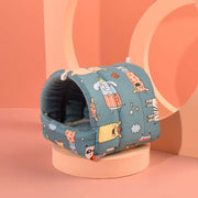Pet tunnel with cartoon designs on a peach-colored background