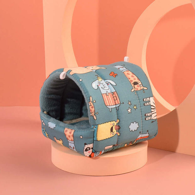 Pet tunnel with cartoon designs on a peach-colored background