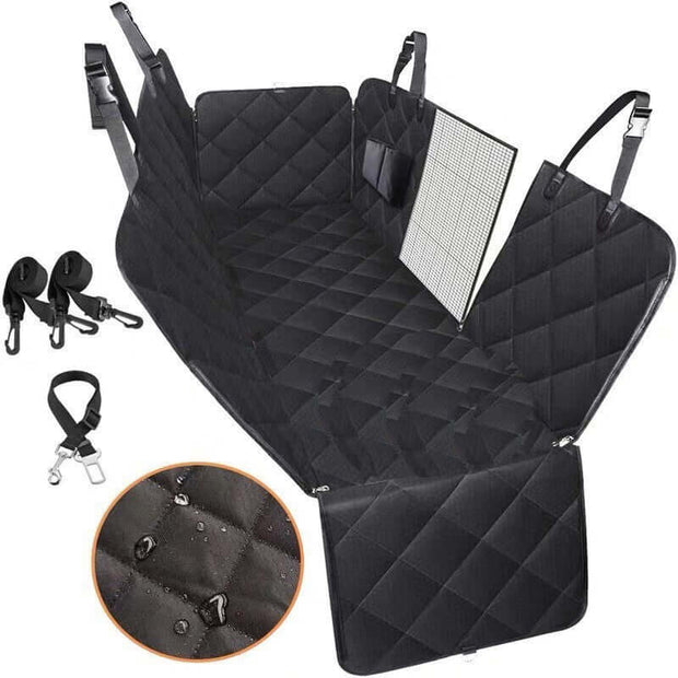 Black car seat cover with quilted design and additional accessories on a white background