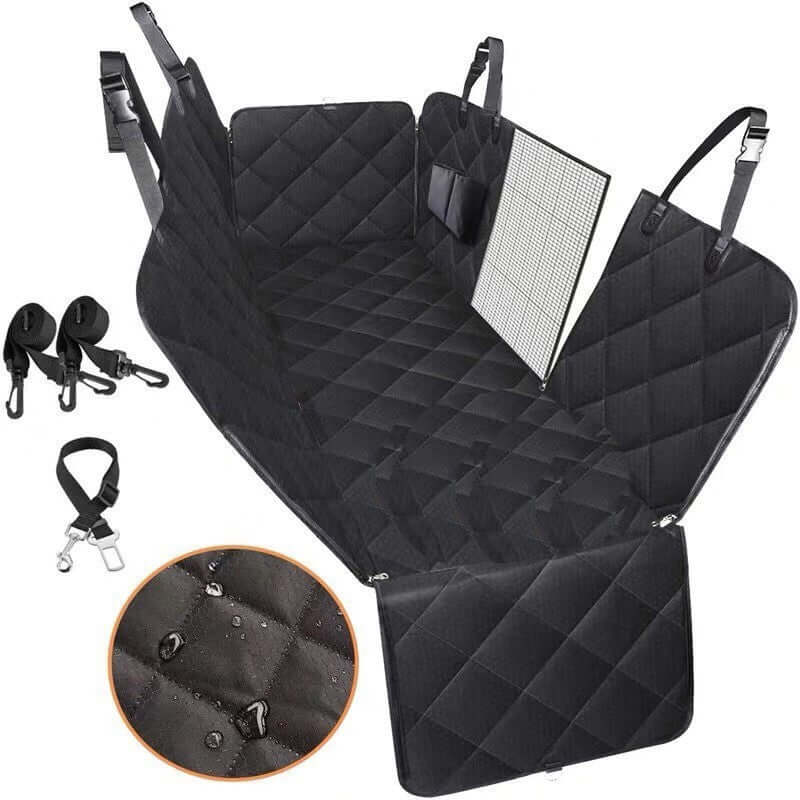 Black car seat cover with quilted design and additional accessories on a white background