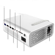 White projector with labeled ports on a white background