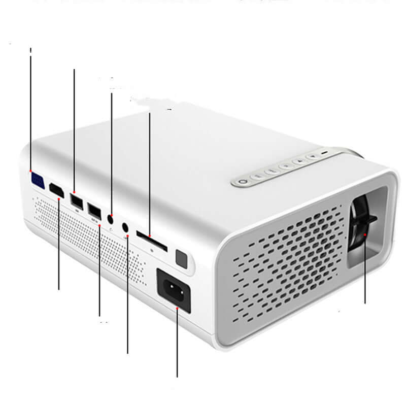 White projector with labeled ports on a white background