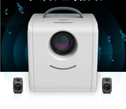 White electronic device with a camera lens, flanked by two speakers on a dark background with musical notes.