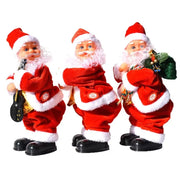 Three animated Santa Claus figures on a white background