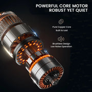 Motor with text highlighting its features on a dark background