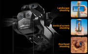 Camera equipment with features for landscape, vertical screen, and overhead shooting on a black background.