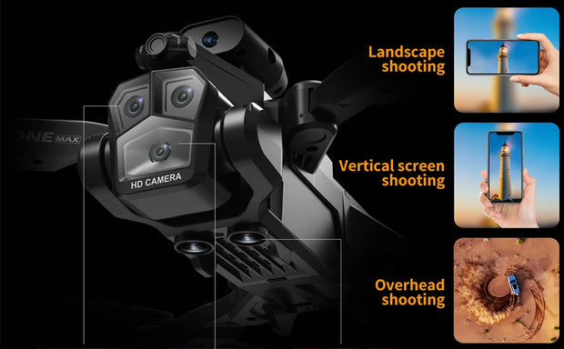 Camera equipment with features for landscape, vertical screen, and overhead shooting on a black background.