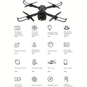 Black drone with feature icons on a white background