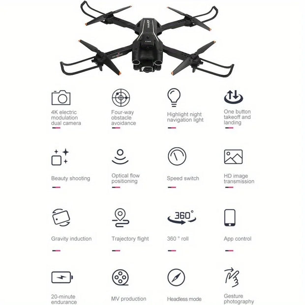 Black drone with feature icons on a white background