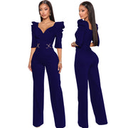 Navy blue jumpsuit worn by a model on a white background