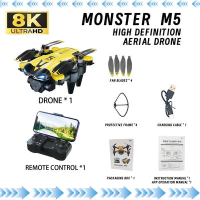 Monster M5 aerial drone set with packaging and accessories on a white background