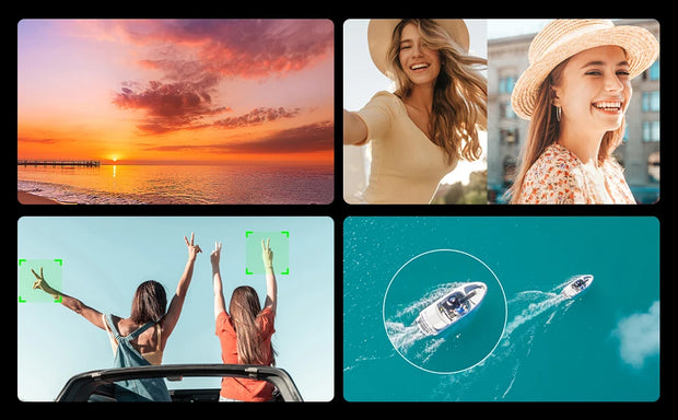 Collage of four images: sunset over water, two women with raised hands, two people in a convertible car, and a boat on water.